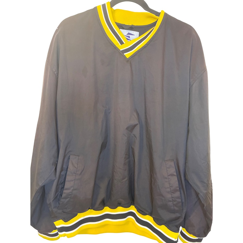 Vintage Eastbay Windbreaker Pullover V-Neck Jacket Black Yellow Striped Mens